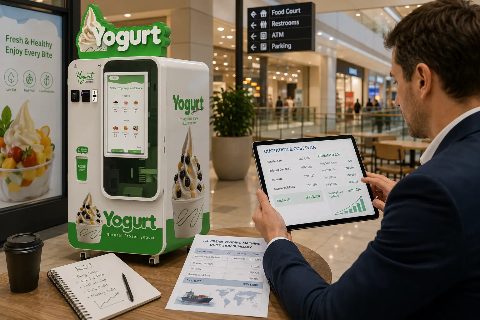Commercial buyer comparing ice cream vending machine cost and quotation details
