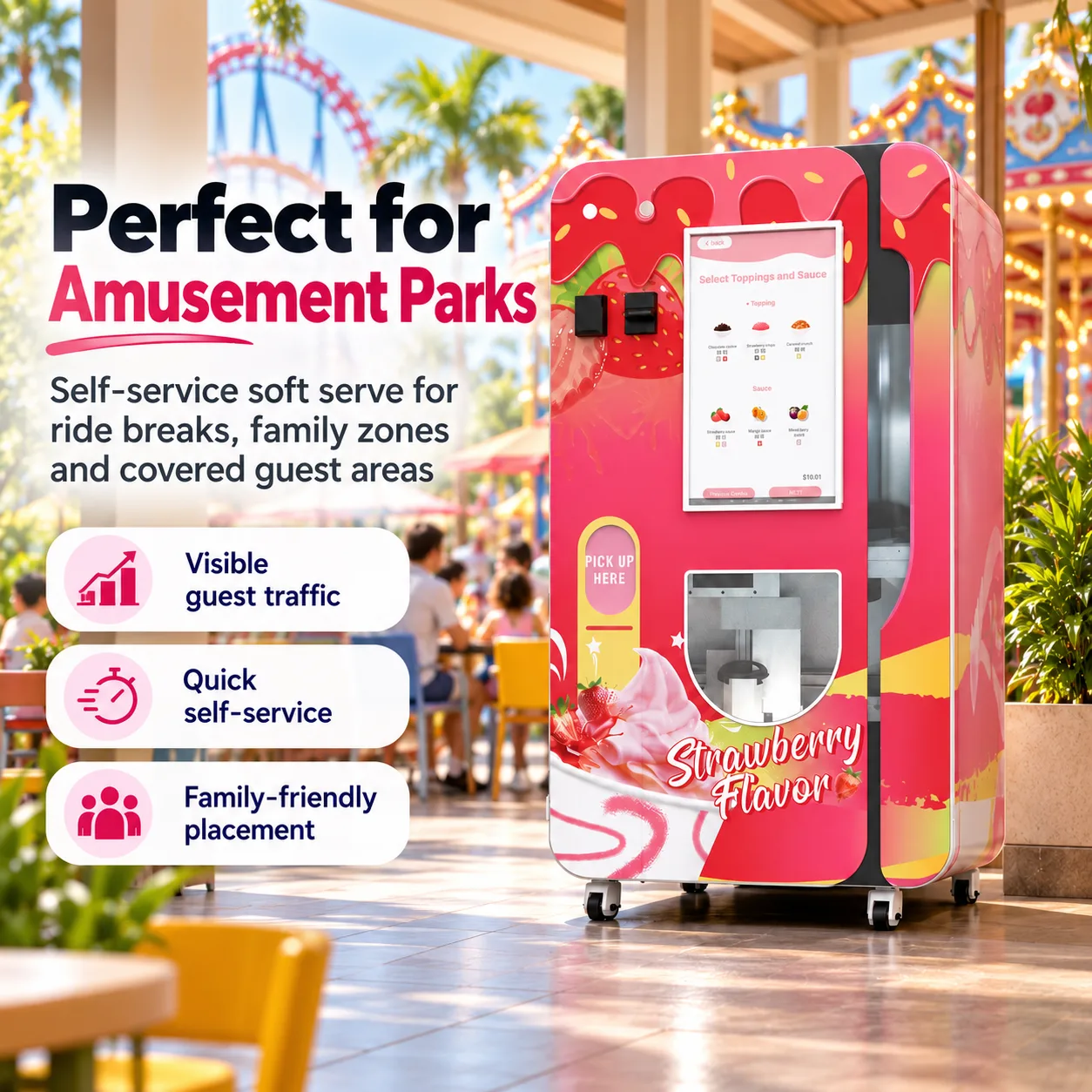 Bring self-service soft serve to breaks between rides with Huaxin B86 Max, B85 and B84, with exterior branding and remote sales monitoring for park operators.