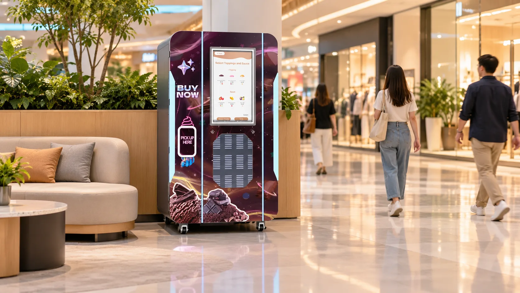 Illustration of a Huaxin B86 ice cream vending machine beside a mall seating area with a clear pedestrian route