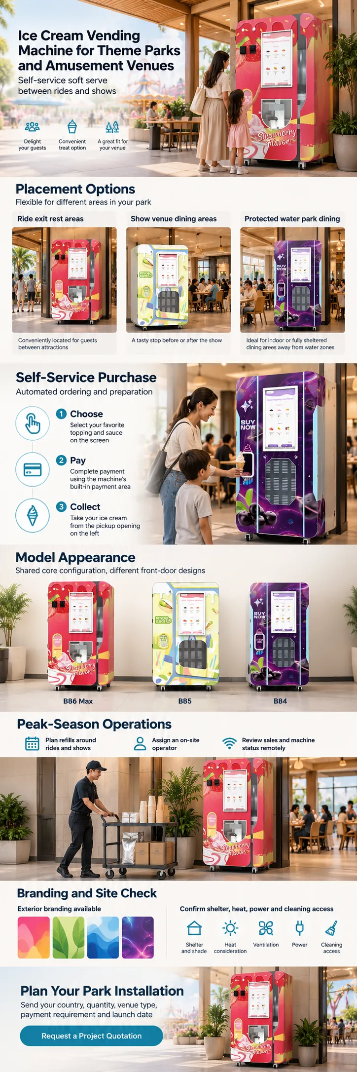 Self-service ice cream point beside seating near an amusement ride exit
