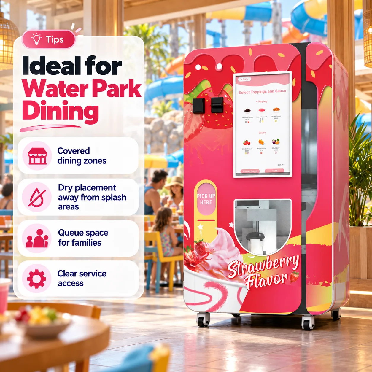 Huaxin theme park ice cream vending machine options combine self-service ordering, visible production, remote sales monitoring and custom exterior branding