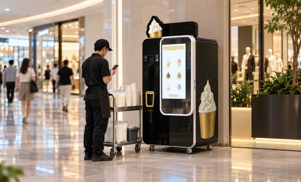 Service technician arriving with sealed ice cream mix and cup sleeves at a Huaxin B83 Max ice cream vending machine in a shopping mall