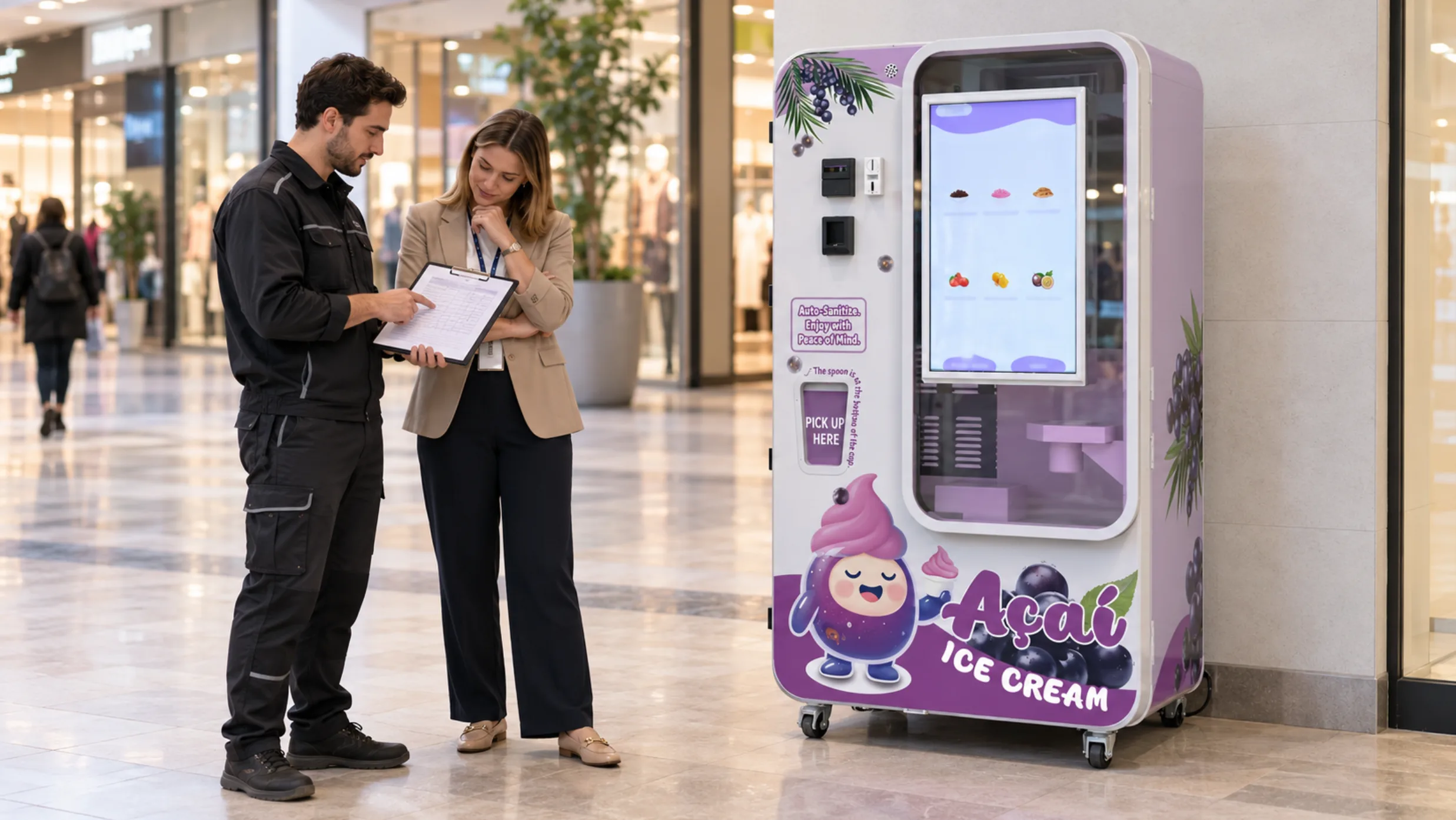 Operator and shopping centre manager reviewing a pilot log beside a Huaxin B83 Max ice cream vending machine