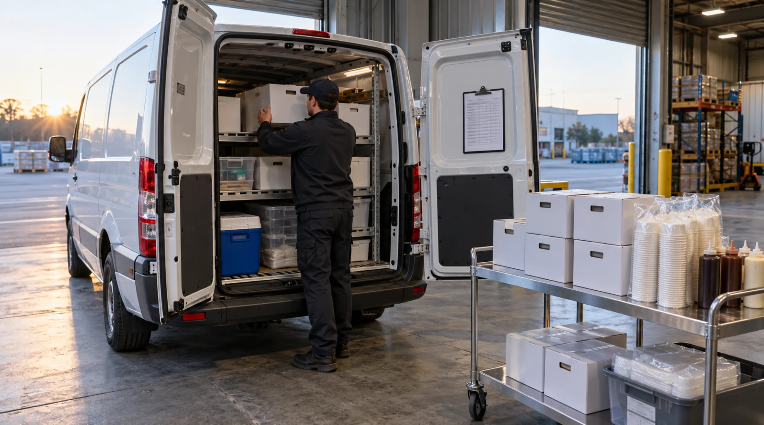 Service technician loading sealed soft serve mix and cup sleeves into a van for a multi-site ice cream vending route